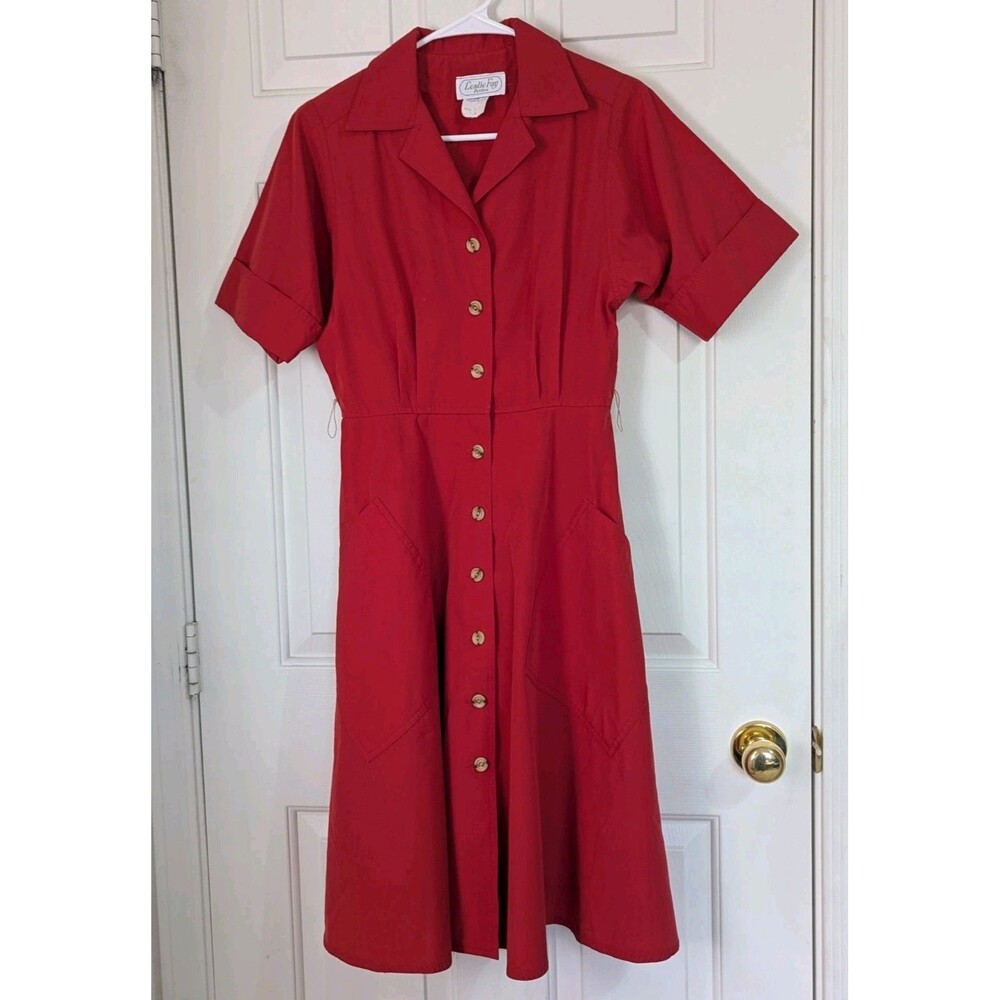 VTG 60s Leslie Fay Button House Dress Sz 6 Red Flared Collared Rockabilly Retro